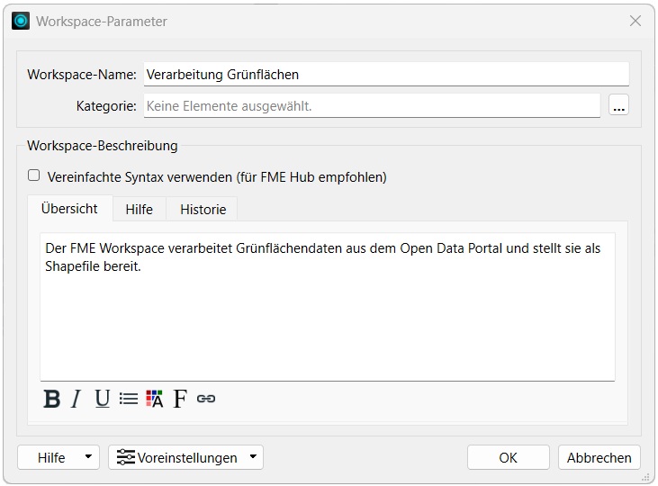 Abbildung 1: Workspace-Parameter Beschreibung