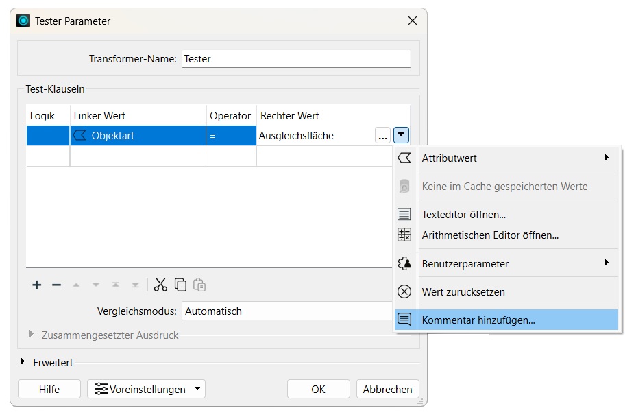 Abbildung 6: Kommentar an einem Transformer-Parameter einfügen